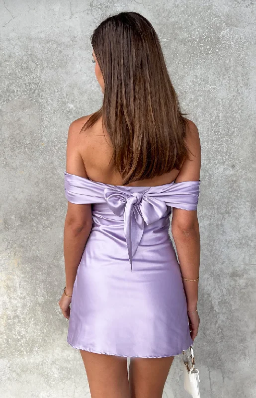 Primrose Purple Satin Off the Shoulder Mini Dress