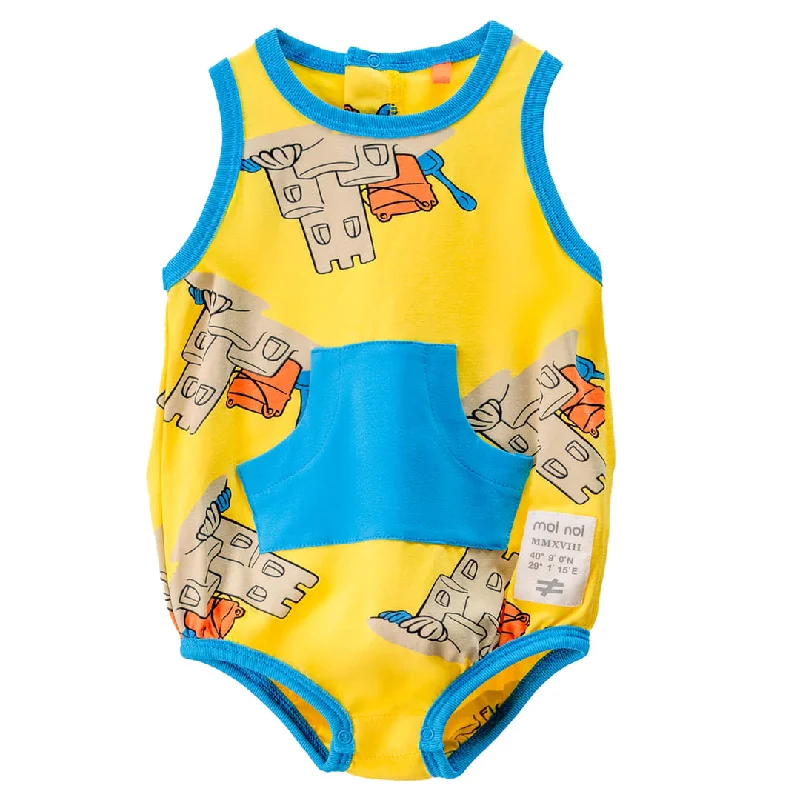 Yellow Sand Castle Print Sleeveless Babysuit