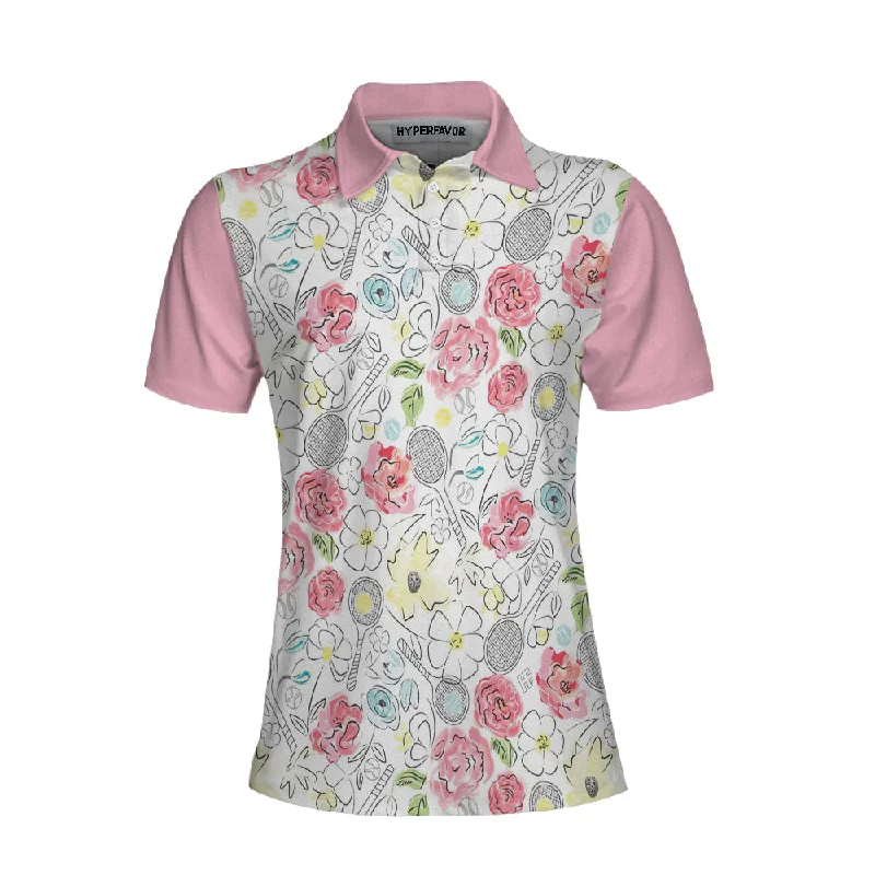 Lovely Pink Floral Tennis Pattern Short Sleeve Women Polo Shirt Coolspod