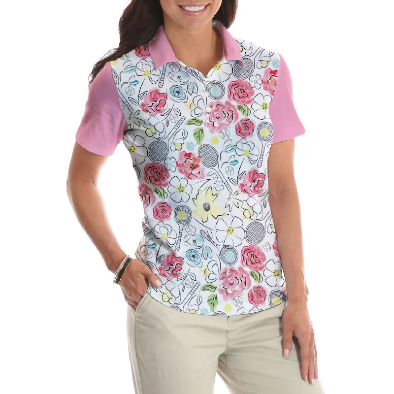 Lovely Pink Floral Tennis Pattern Short Sleeve Women Polo Shirt Coolspod