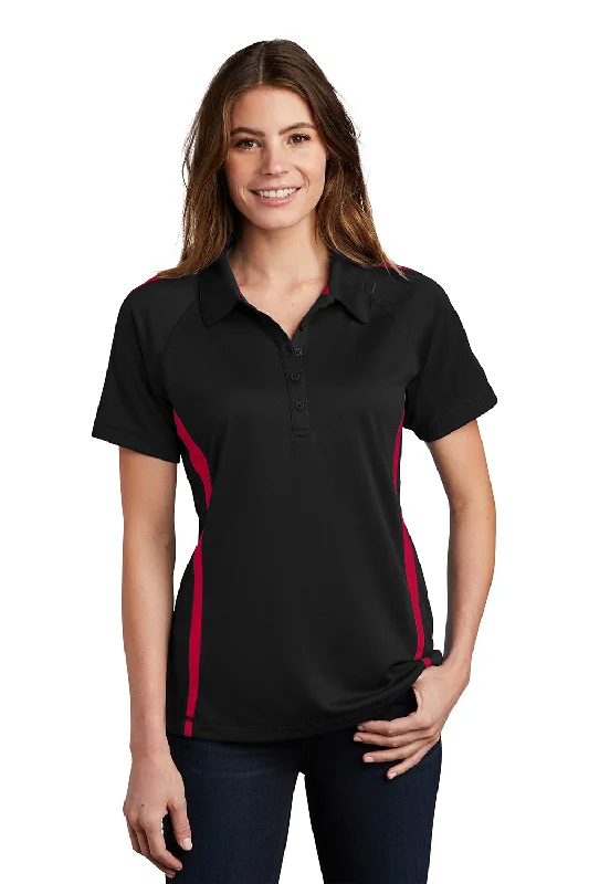 Sport-Tek Womens Micro-Mesh Moisture Wicking Short Sleeve Polo Shirt - Black/Red